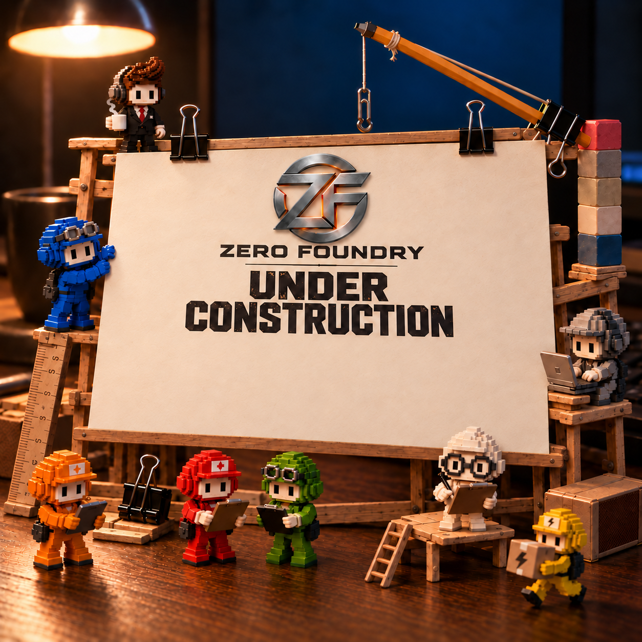 Zero Foundry. Under construction. All eight pixel workers assemble a sign on a warm wooden desk, using a pencil crane and binder-clip scaffolding.
